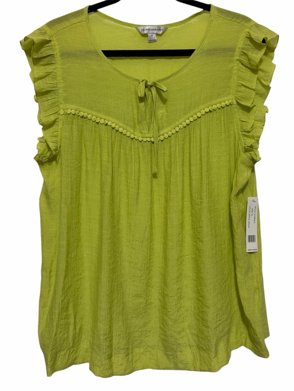 XL Counterparts Lime Green Ruffle Sleeve Tie-Neck Blouse
